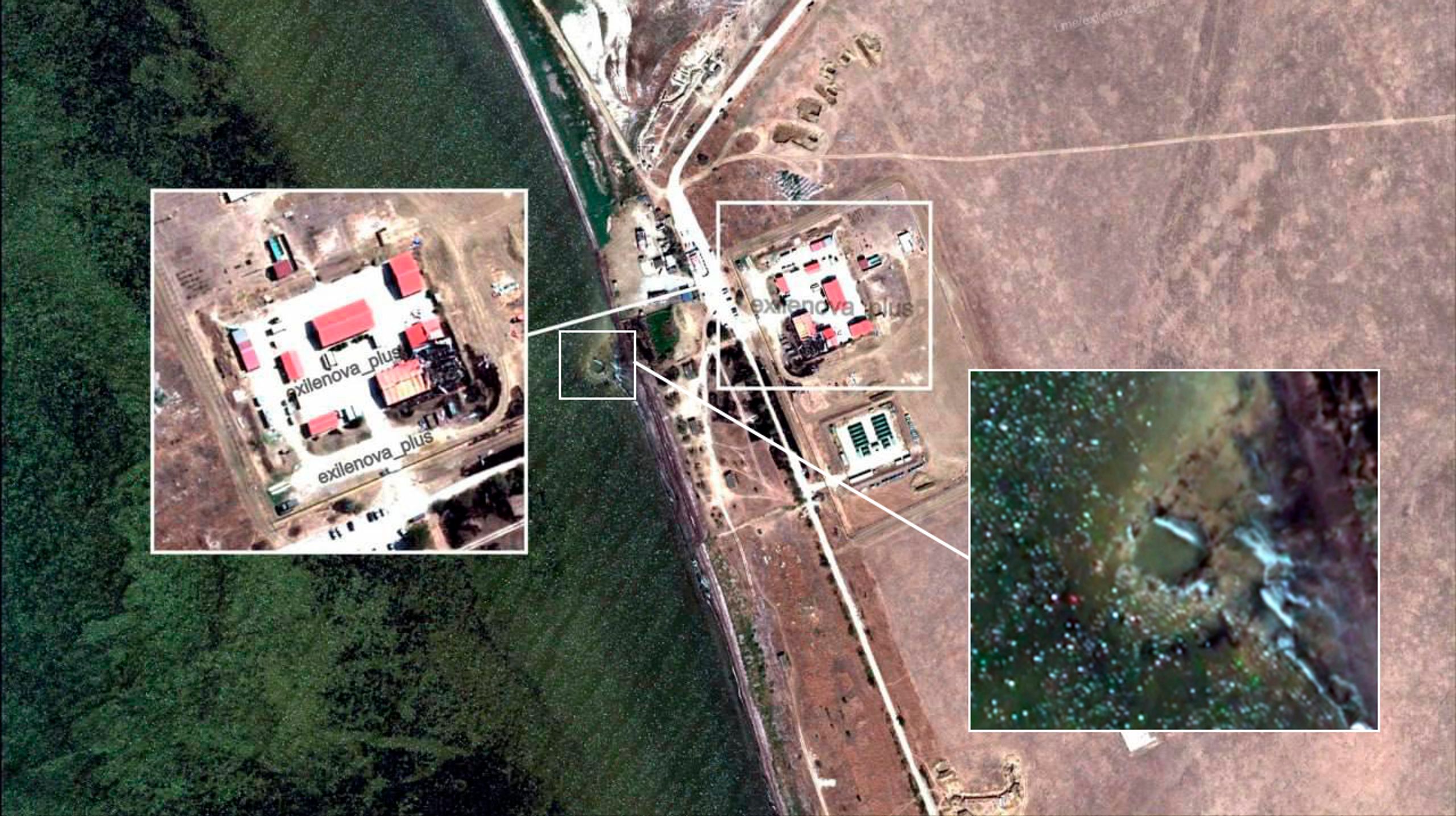 Последствия удара «Фламiнго» по базе ФСБ в аннексированном Крыму. Коллаж: Exilenova+, The Insider