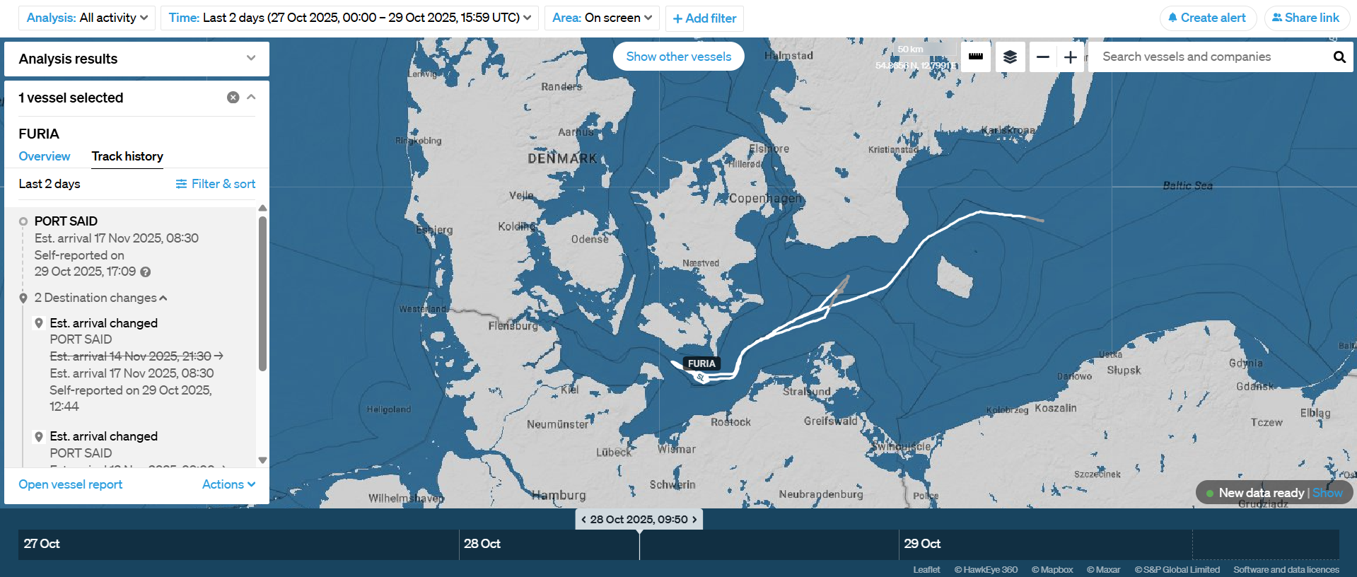 Маршрут нефтяного танкера Furia, 27–29.10.2025