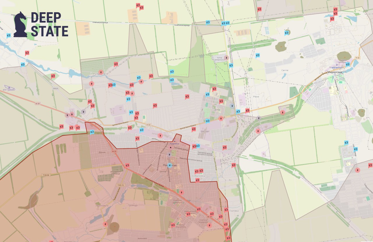 Обнаружение и поражение российских и украинских военных (обозначены красным и синим соответственно) в Покровске (до 2016 года — Красноармейск) за последний месяц