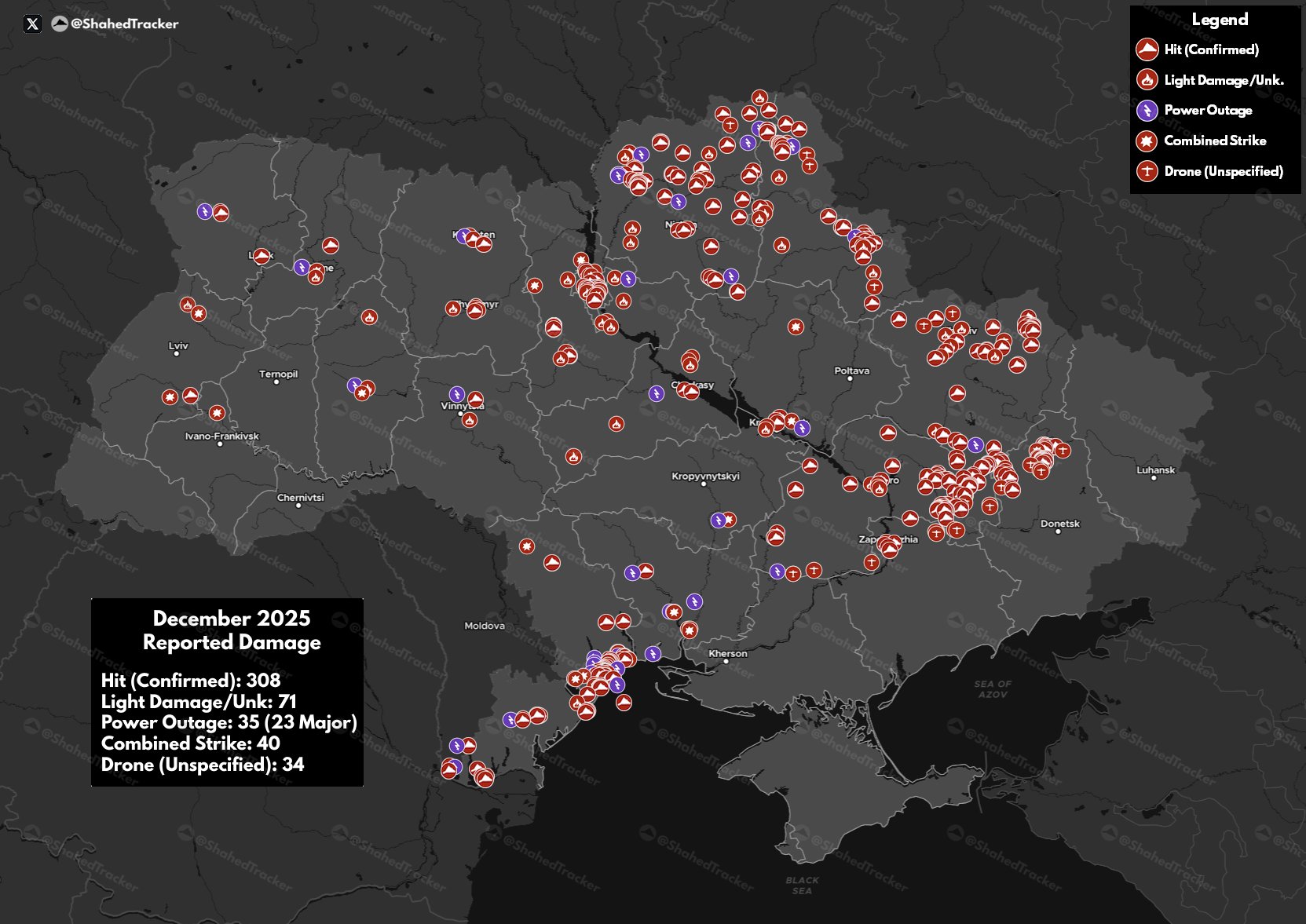 Карта поражений «Шахедами» целей на территории Украины за декабрь 2025 года
