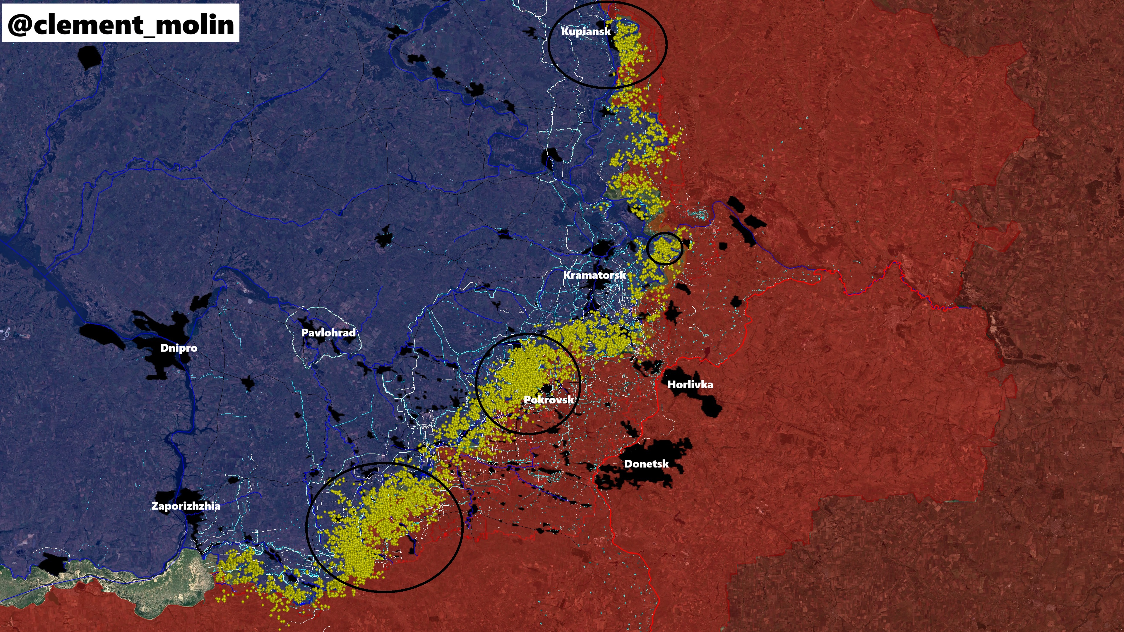 Следы от артиллерийских ударов вдоль линии фронта в Украине