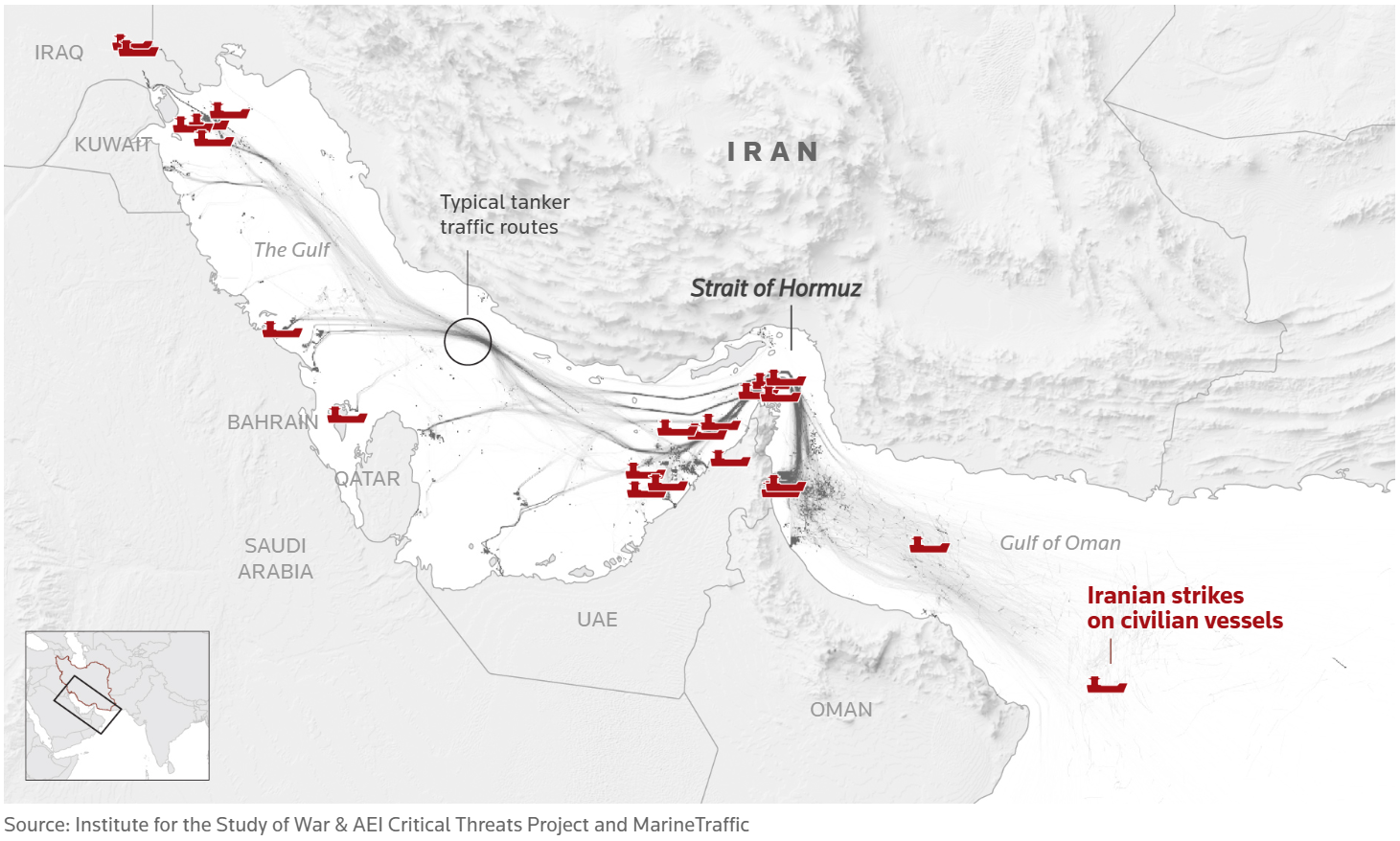 Карта ударов Ирана по гражданским судам с начала войны