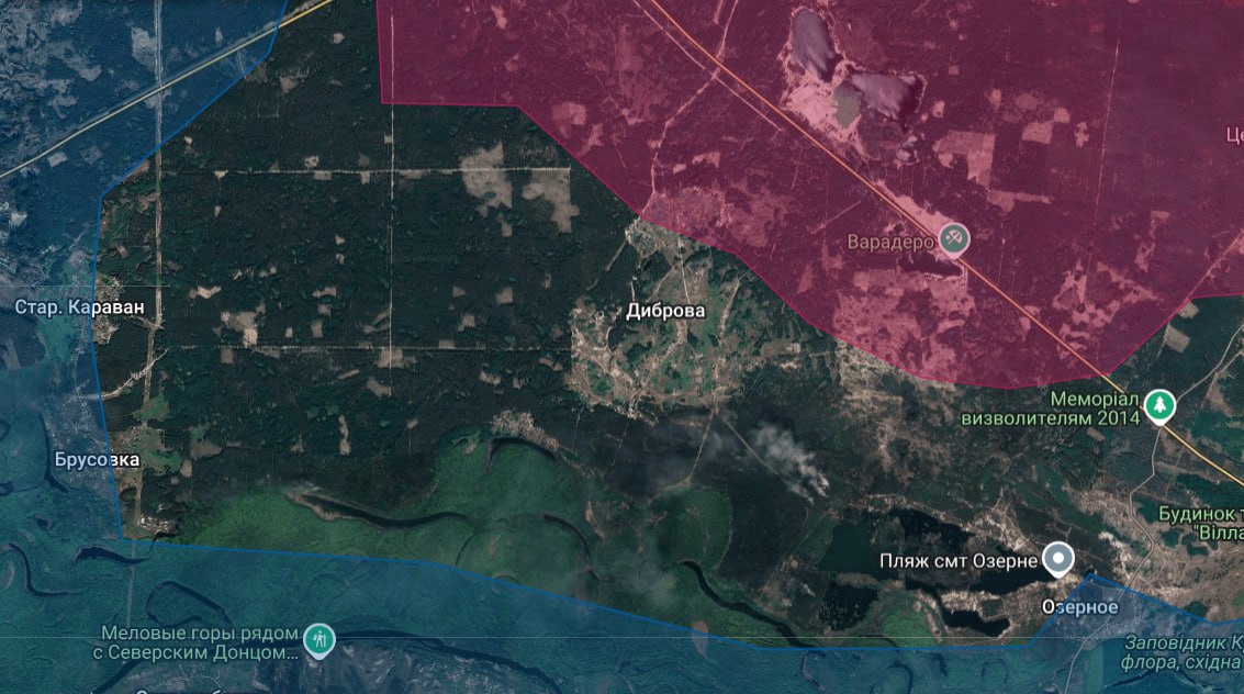 Ситуация в районе села Диброва к югу от Лимана (до 2016 года — Красный Лиман) по версии российского военблогера  Анатолия Радова