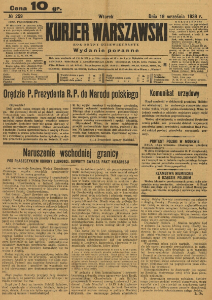 Газета Kurjer Warszawski от 19.09.1939
